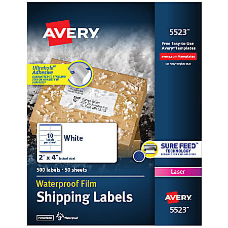Avery Waterproof Labels With Ultrahold  05523 Rectanlge 2 x 4  White 500 Labels For Laser Printer... | Office Depot and OfficeMax 