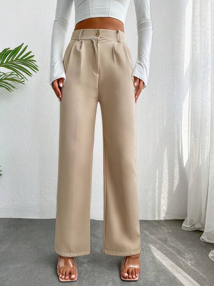 Cottnline Pantalon Droit Taille Haute À Détail Plié | SHEIN