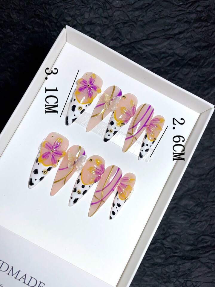 10 Pieces Pure Hand-Made Wearable Nails; Painted Almond-Shaped Cover Nails, Press On Nail Press One Press On False Nails Press On Acrylic Fall Nails | SHEIN