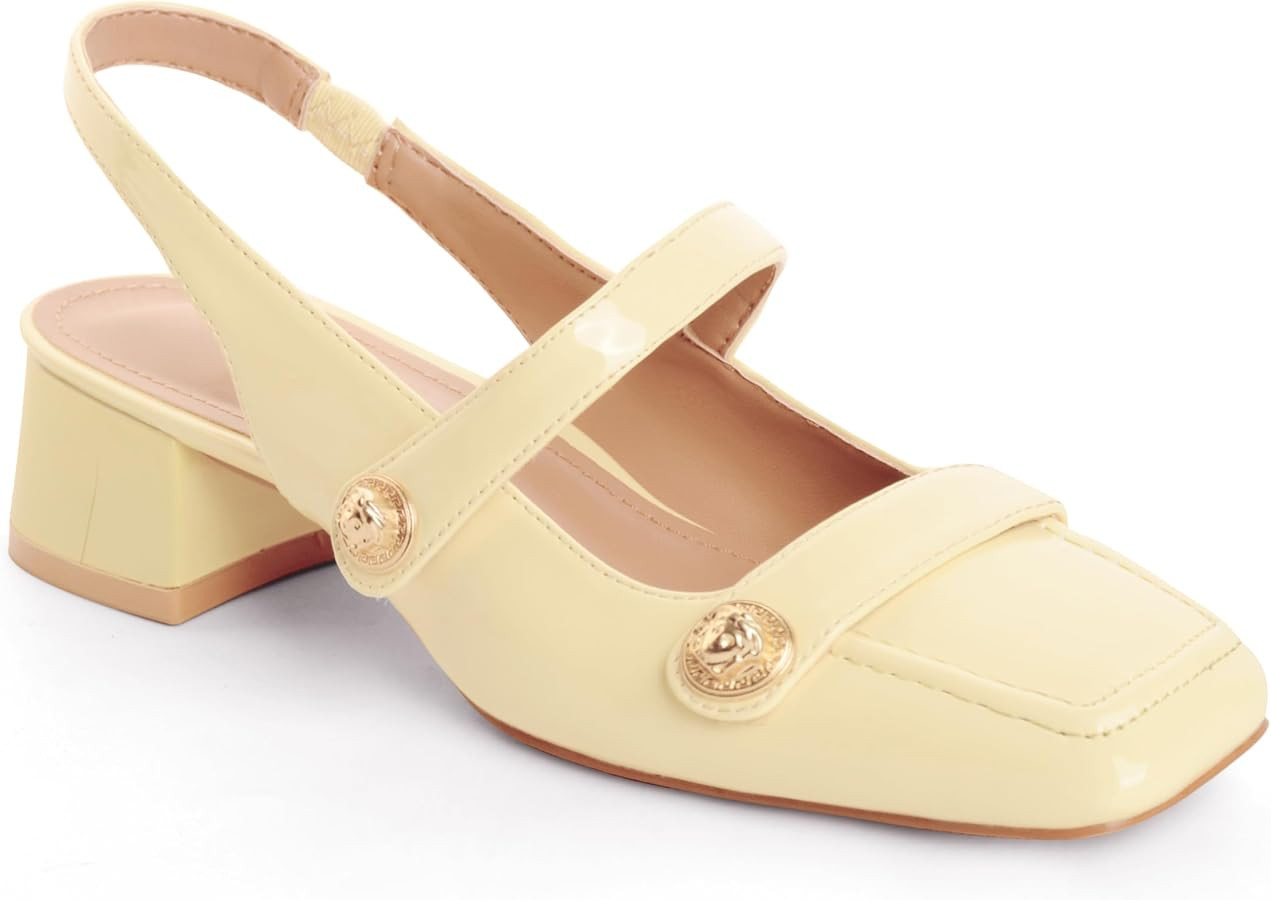 Slingback Mary Jane Heels for Women Low Block Heel Closed Square Toe Pump Shoes Heels Classic Dai... | Amazon (US)