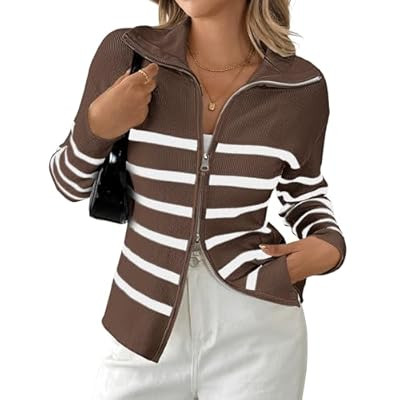 Bsubseach Striped Cropped Cardigan Sweater for Women Zip Up Lightweight Jacket Tre… | Amazon (US)
