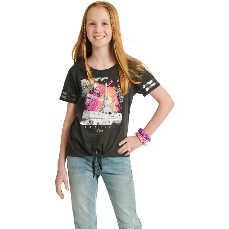 Justice Girls Tie Front Sequin Sleeve T-Shirt, Sizes XS-XLP | Walmart (US)