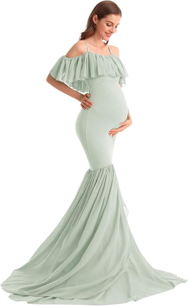 AYMENII Women Chiffon Mermaid Maternity Gown Spaghetti Strap Off Shoulder Ruffle Sleeve Photography  | Amazon (US)