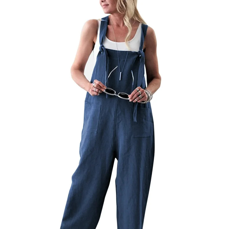 Women Loose Cotton Linen Jumpsuit Dungarees Playsuit Straps Overalls Trousers Ladies Sleeveless B... | Walmart (US)