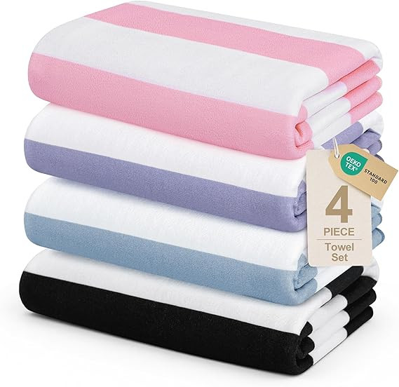 Touchat 4 Pack Beach Towels Cabana Stripe 280GSM Polyester Lightweight Quick-Dry Swim Pool Towel,... | Amazon (US)