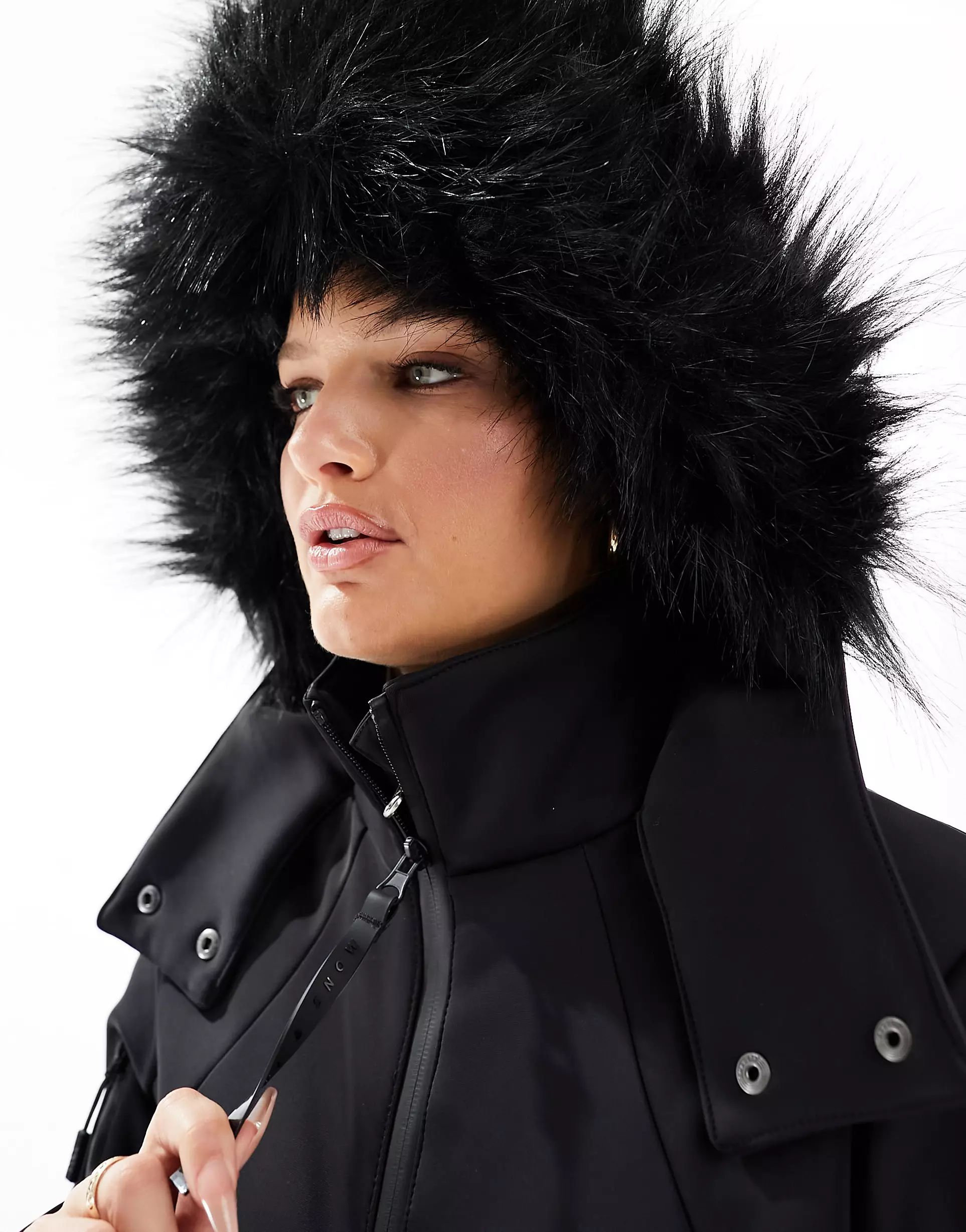ASOS 4505 Ski Petite water repellent belted ski suit with faux fur hood in black | ASOS (Global)