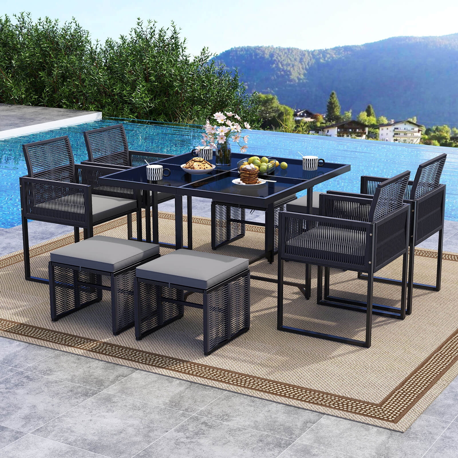 Costway 9 PCS Patio Dining Set with PE Rattan Chairs Tempered Glass Table and Ottomans | Walmart (US)