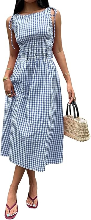 Acelitt Summer Maxi Dresses for Women 2026 Smocked Waist Gingham Dress Flowy A Line Beach Long Su... | Amazon (US)