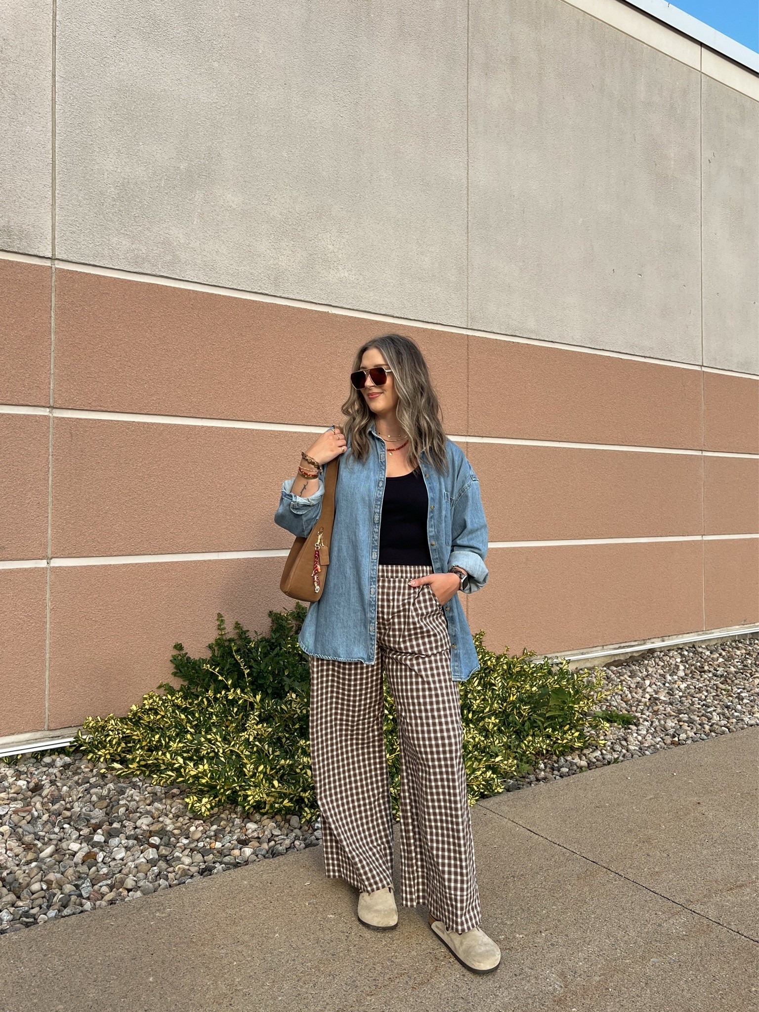 Early fall ootd! Plaid pants are so comfy & lightweight, wearing M. Wearing L in the basic black tank, should have done M. Also wearing L in the denim shirt - one of my most worn closet staples! Canadian Old Navy links are under “similar products”. I’m a 9.5-10 shoe and wear a 40 in the Birkenstock clogs

#LTKfall #LTKmidsize #LTKstyletip