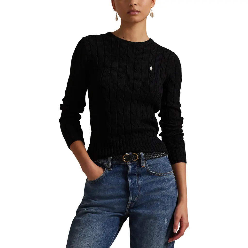 Polo Ralph Lauren Julianna Pima Cotton Cable Knit Crewneck Sweater in Polo Black/White Pp at Nordstrom, Size Small | Nordstrom