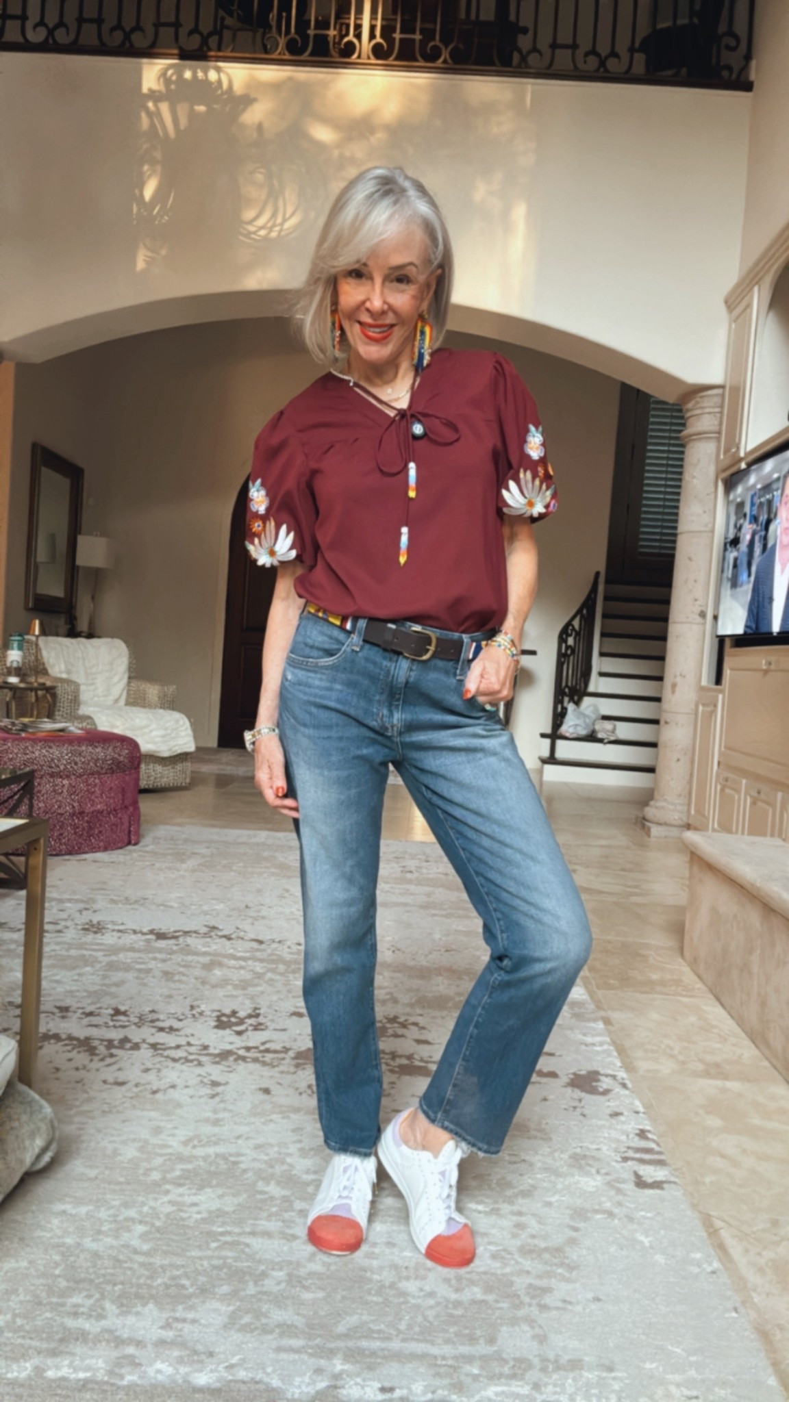 AG Jeans Boyfriend Slim jeans

 Floral Embroidered V Neck Boho Puff Short Sleeve Shirts Loose  Available in many colors. 
Office of Angela Scott sneakers
Muti- colored drop beaded earrings 
Maasai beaded belt African made

#LTKFindsUnder50 #LTKOver40 #LTKSeasonal