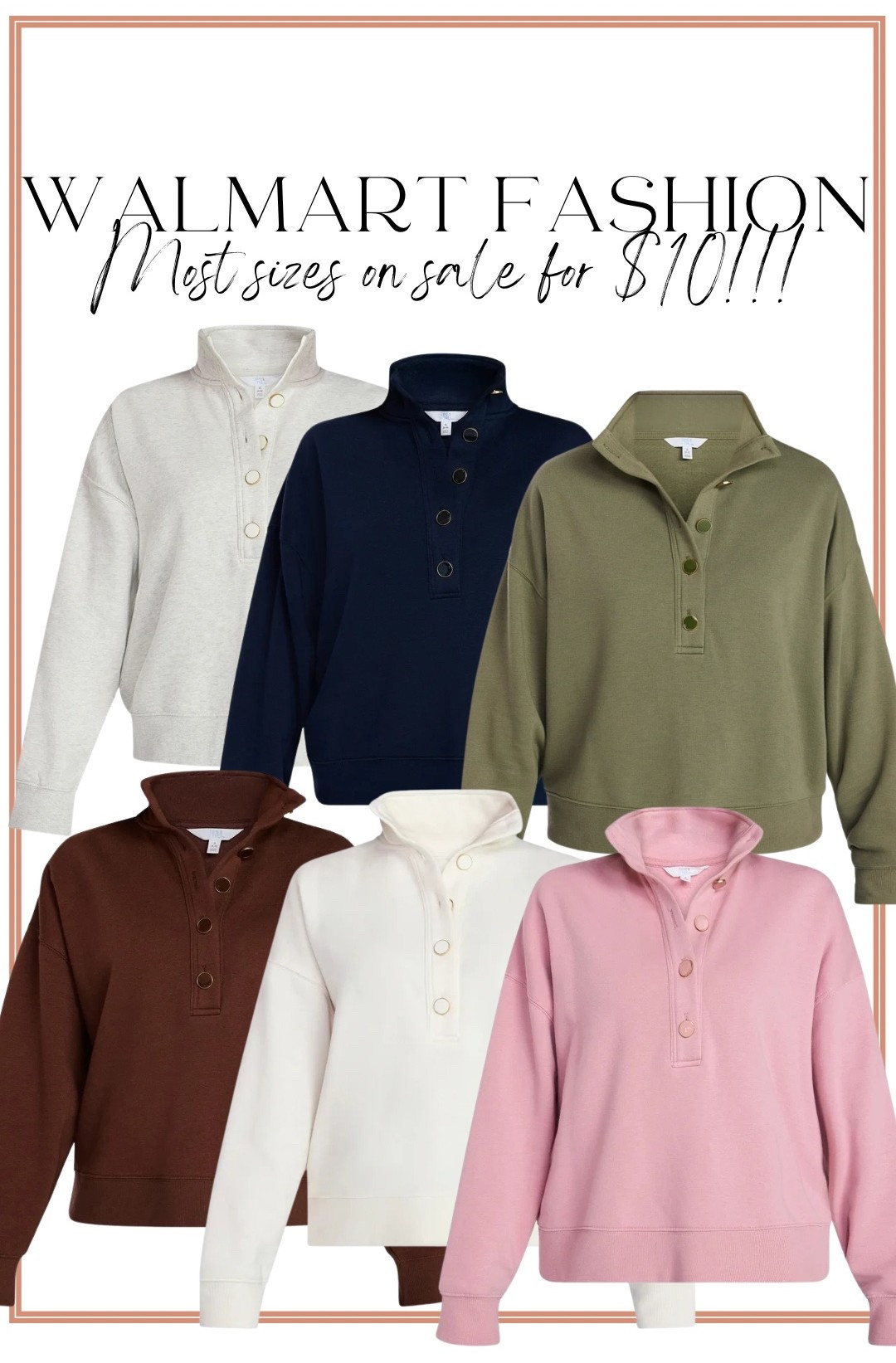 Walmart Fashion Find Alert! 🤍 These button-up pullovers are one of my favorite Walmart fashion finds for fall, and right now most sizes are marked down to just $10! 🍂 They have the perfect relaxed fit, soft cozy fabric, and chic button-up neckline that gives them a polished, elevated look without the designer price tag.

These are the perfect throw-on-and-go piece for school drop-off, errands, travel days, weekend outings, or cozy nights at home. Style them now with shorts or leggings, then transition them into fall with your favorite denim, boots, and layered jewelry.

I love every color, but the chocolate brown, olive, navy, cream, and pink are all so good! If you’re looking for affordable Walmart fashion that you’ll wear on repeat, this is one deal you won’t want to miss.

#walmart #walmartfashion #walmartfinds #walmartdeals #fallfashion #falloutfits #fallstyle #cozystyle #casualstyle #everydaystyle #momstyle #affordablefashion #budgetfashion #fashionfinds #buttonuppullover #cozyoutfits #everydayessentials #styleonabudget #fallwardrobe #walmartstyle

#LTKootd #LTKPetite #LTKSaleAlert