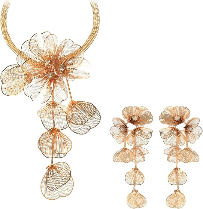 Jerollin Exaggerated Three-dimensional Metal Flower Pendant Necklace Earrings Jewelry Set | Amazon (US)