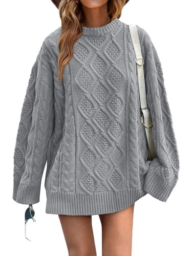 Saodimallsu Womens Oversized Sweaters Cable Knit Chunky Crew Neck Long Sleeve Loose Tunic Pullover Sweater Grey | Amazon (US)