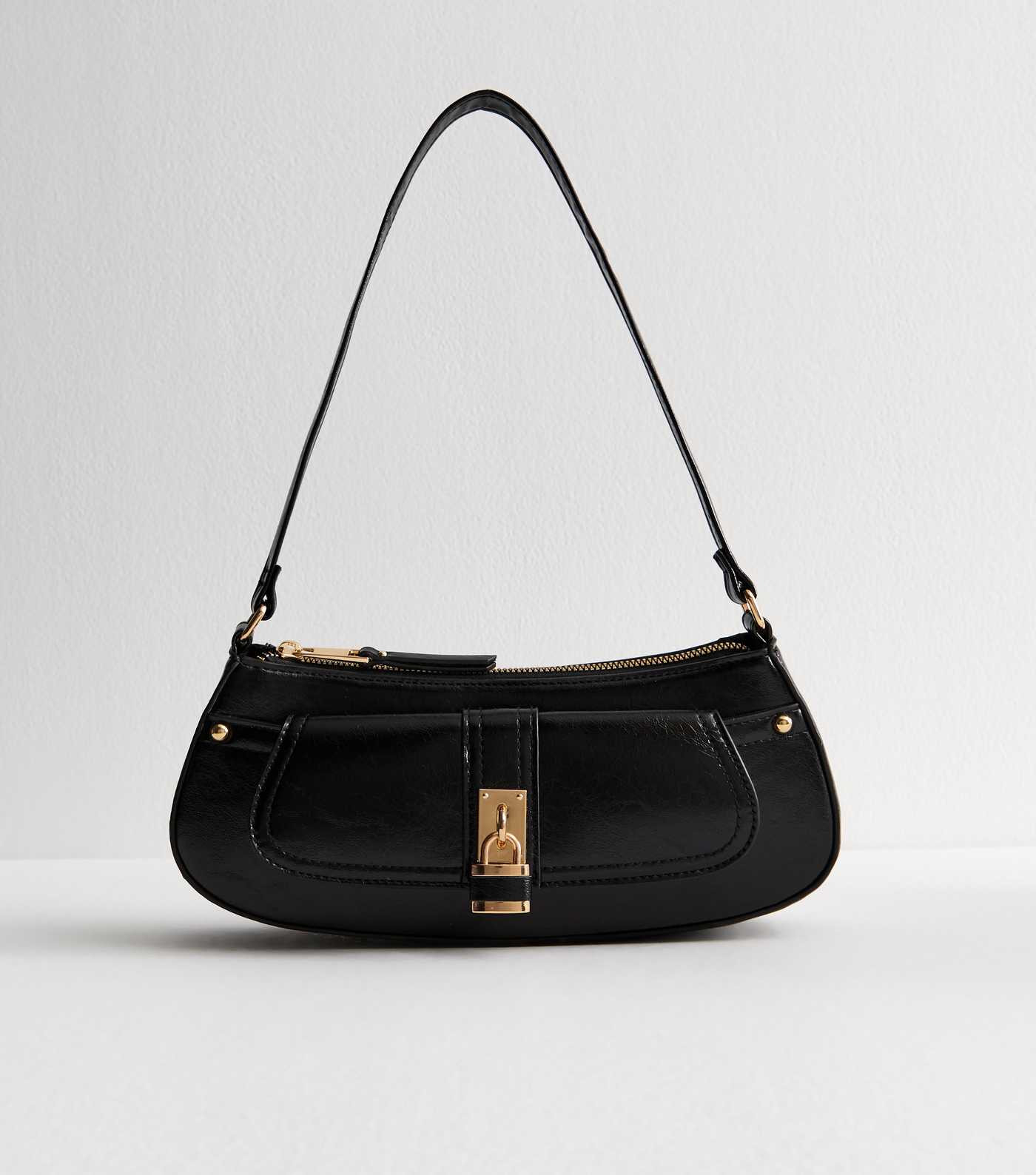 Black Patent Faux Leather Padlock Detail Mini Shoulder Bag | New Look | New Look (UK)