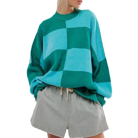 Women s Green Checkered Oversized Sweater with Side Slits Drop Shoulder - [ZhiHiMeRi] | (US 4-6)S | Walmart (US)
