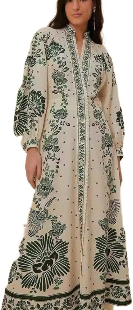 Womens Boho Floral V Neck Dresses Long Puff Sleeve Button Front Vacation Dress Loose Fit Flowy Ho... | Amazon (US)