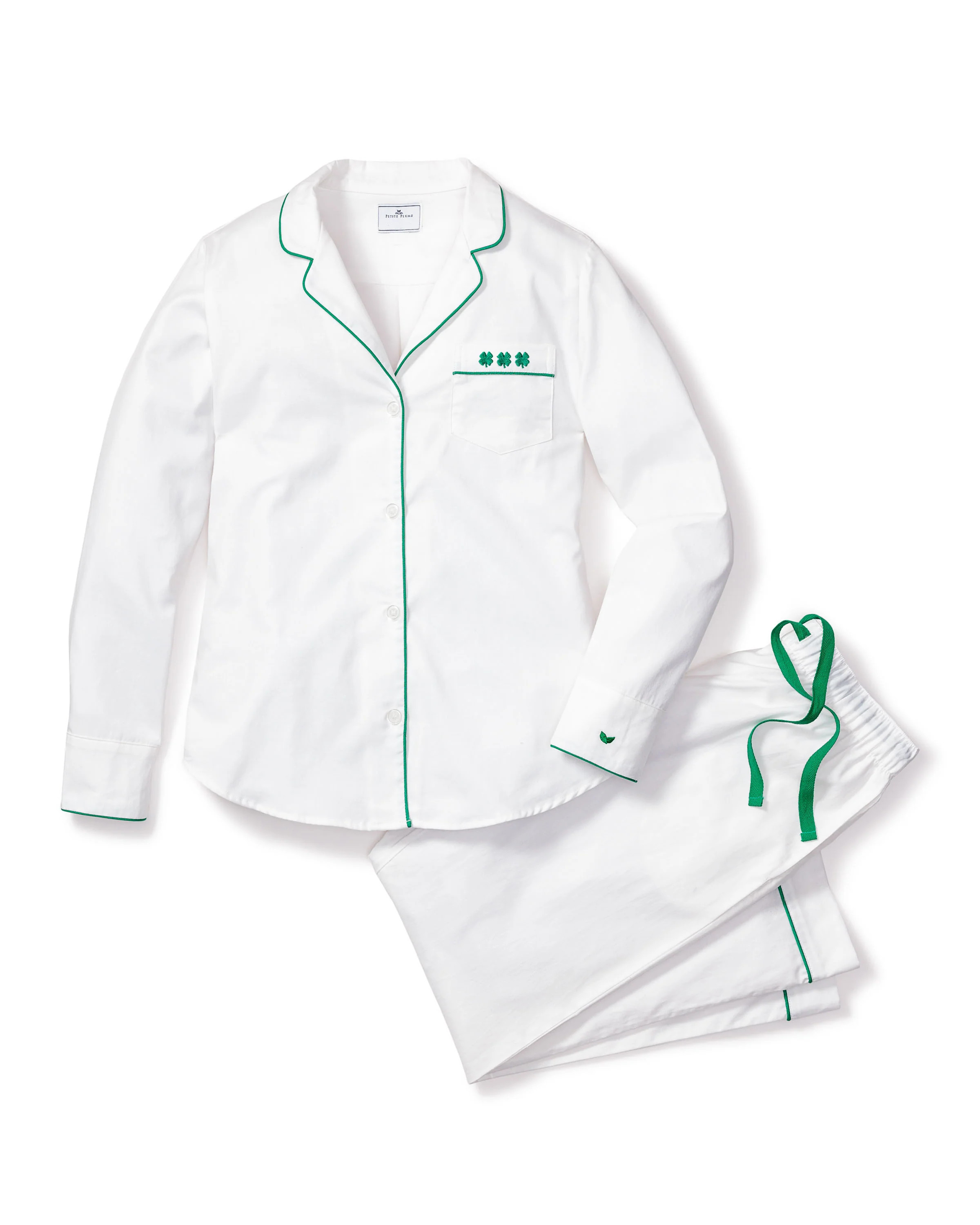 Women's Twill Pajama Set with Embroidered Shamrocks | Petite Plume
