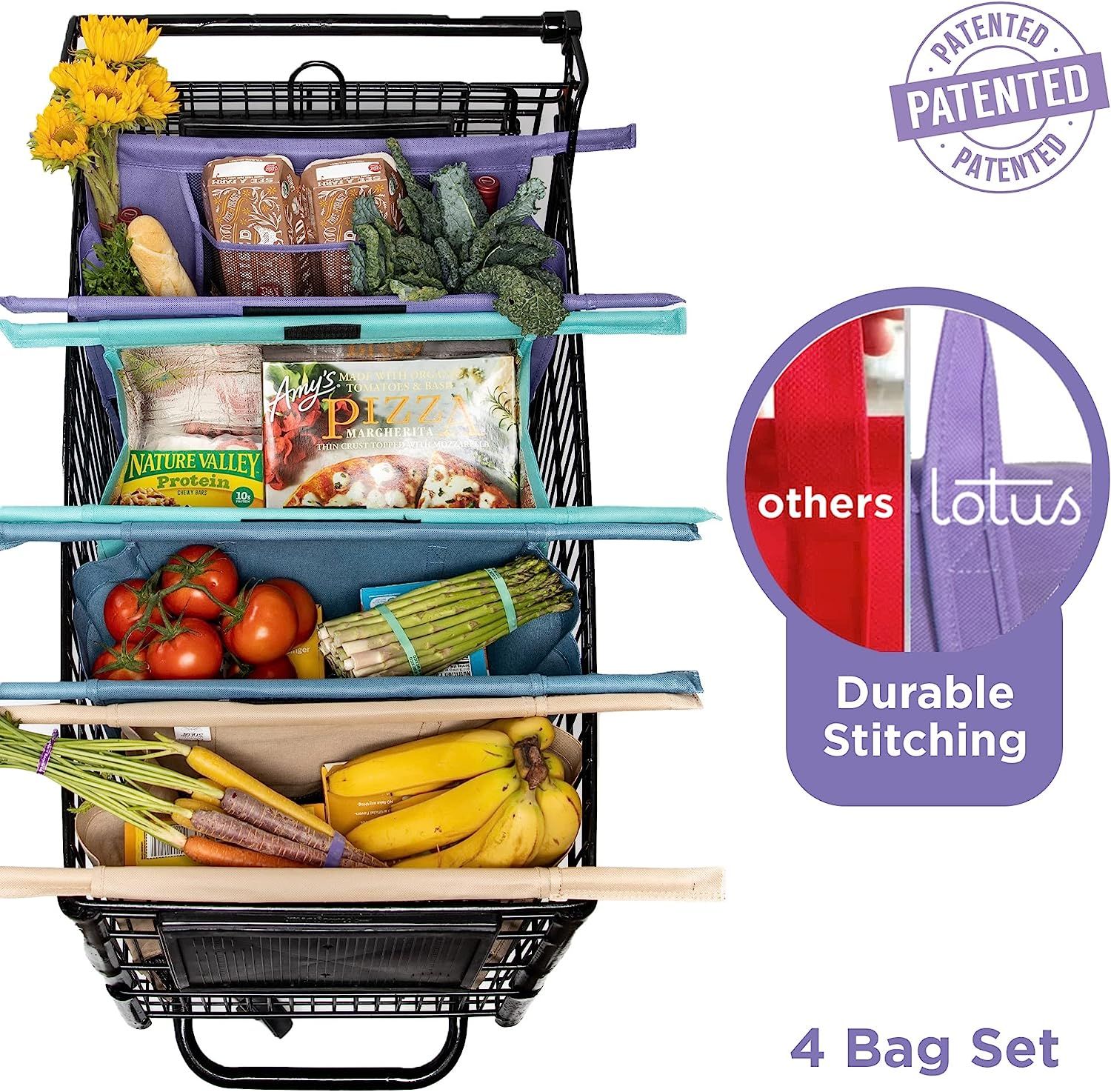 Lotus Trolley Bags Set of 4 Premium Quality Reusable Grocery Cart Bags | w/ LRG Insulated Cooler ... | Amazon (US)