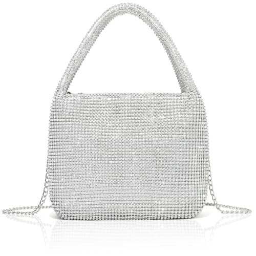 SlHiEke Sparkling Rhinestone Clutch Purse for Women – Elegant Silver & Black Evening Bag with Removable Strap for Weddings, Parties, Prom (Silver) | Amazon (US)