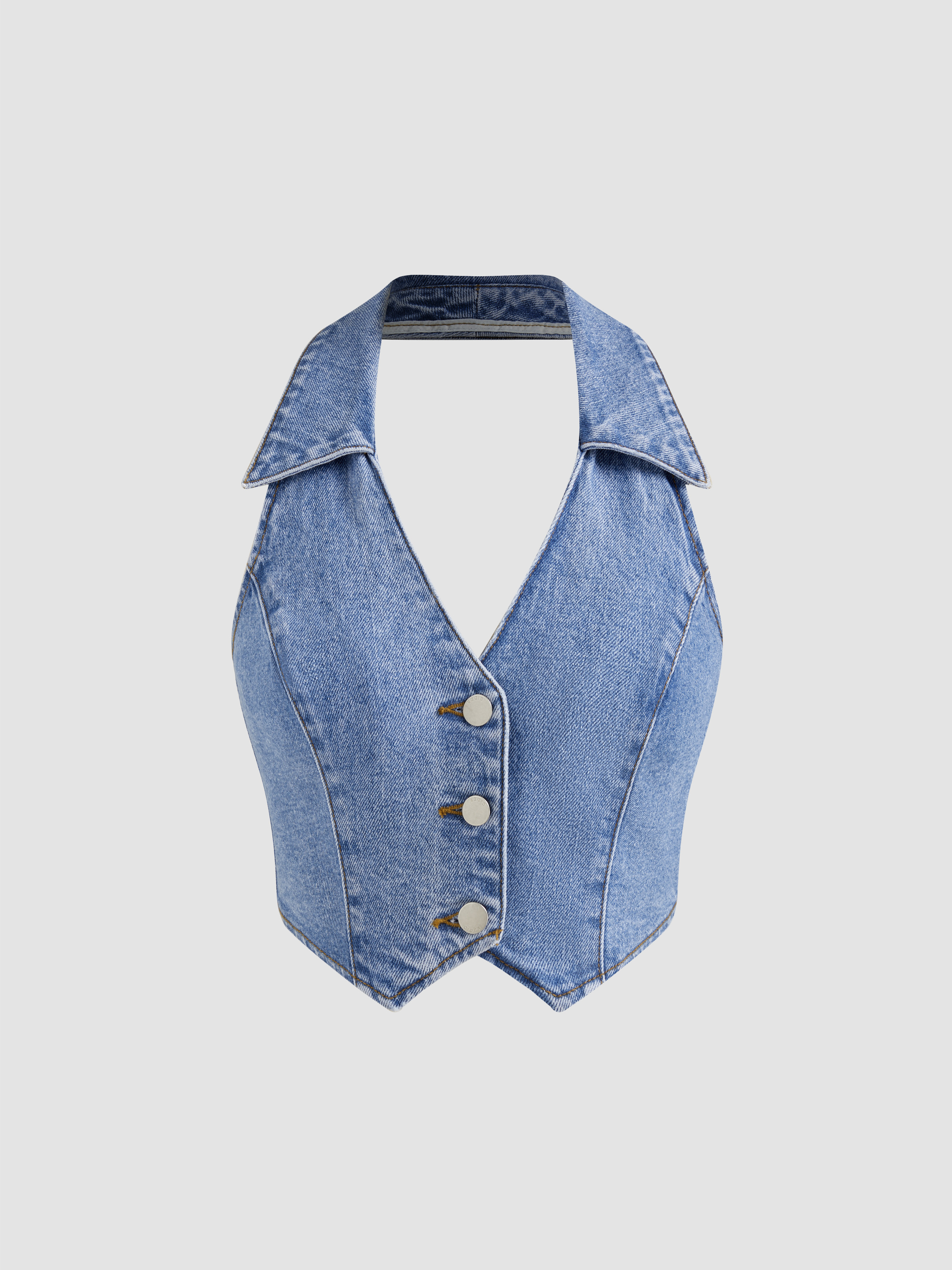 Denim Denim V-neck Solid Button Halter Crop Top For Daily Casual | Cider