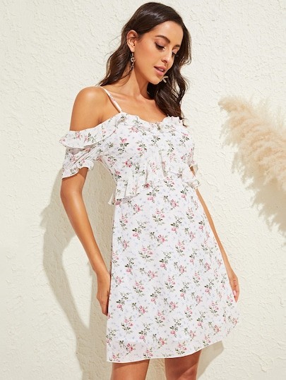 Ditsy Floral Print Ruffle Trim Cold Shoulder Dress | SHEIN