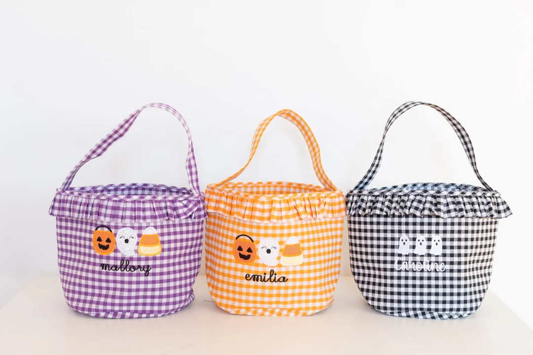 Purple Ruffle Gingham Halloween Bag, Personalized Trick or Treat Halloween Bag, Candy Bag, Treatb... | Etsy (US)