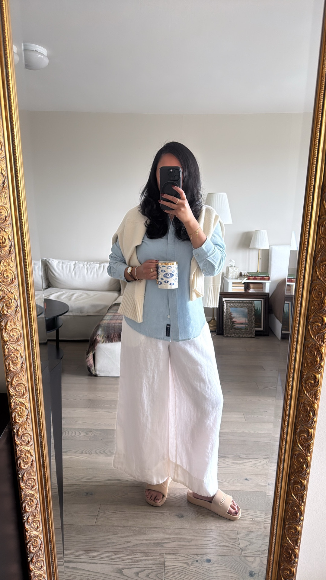 Spring at home outfit 🌸. Wearing Levi’s denim blue shirt with Banana Republic linen wide-leg pants and Lili Silk cashmere knitt

#LTKBeauty #LTKgrwm #LTKootd