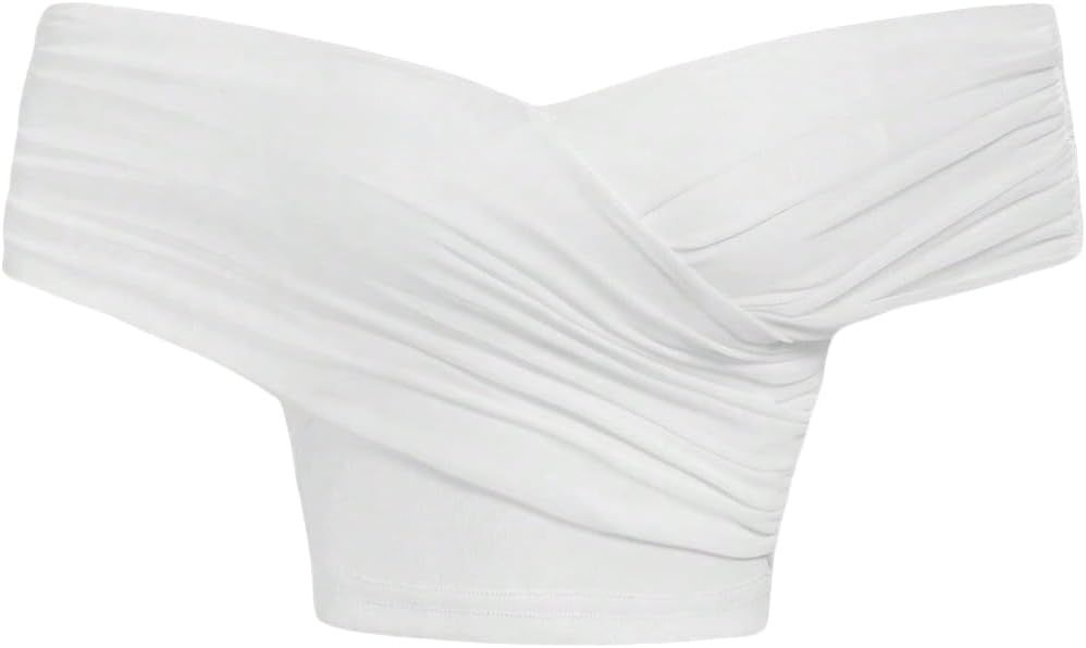 Verdusa Women's Off Shoulder Ruched Crop Tops Short Sleeve Wrap Asymmetrical Tee Shirt | Amazon (US)