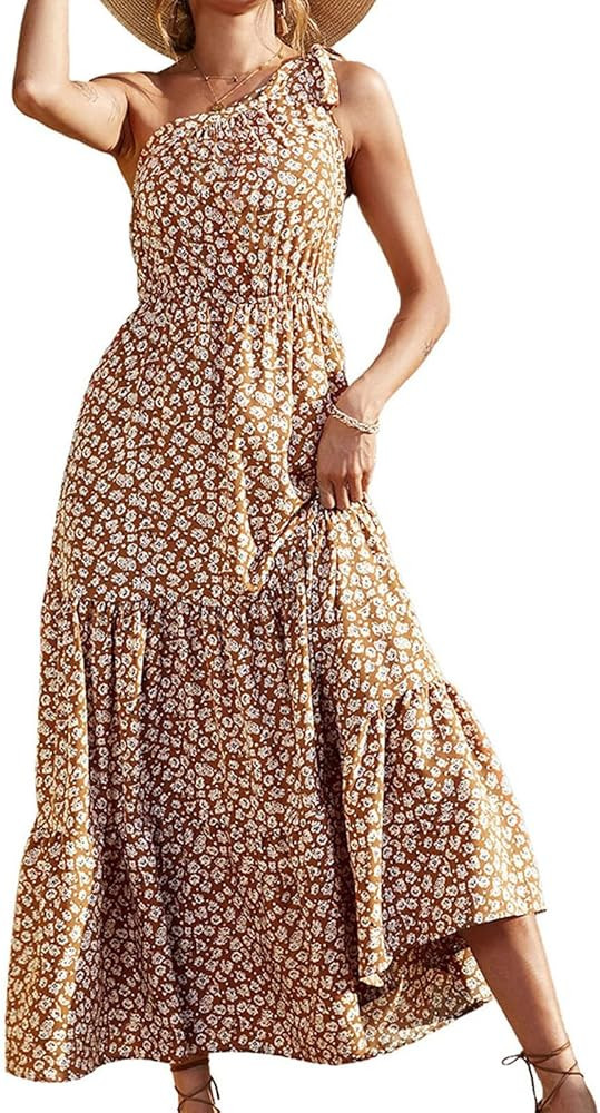 Boho Dresses for Women Floral Print Maxi Dress Knot One Shoulder Sleeveless Ruffle Hem Flowy Dres... | Amazon (US)