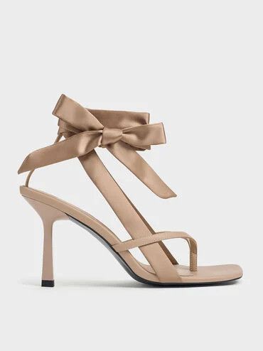 Nude Recycled Polyester Tie-Around Heeled Thong Sandals | CHARLES & KEITH | Charles & Keith US