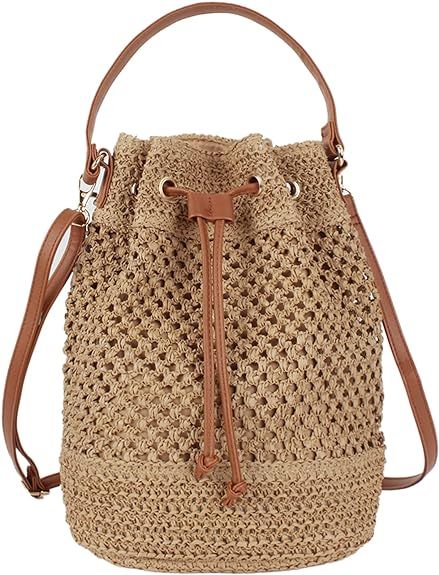 Small Drawstring Shoulder Bag Straw Weave Handbag Summer Beach Purse | Amazon (US)