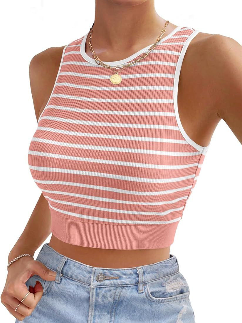 MEROKEETY Women's 2024 Summer Striped Crop Tops Sleeveless Rib Knit Fitted Y2k Trendy Workout Tee | Amazon (US)