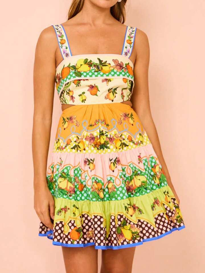 Casual & Fashionable Sleeveless Printed Patchwork Tie Waist Midi Dress | SHEIN