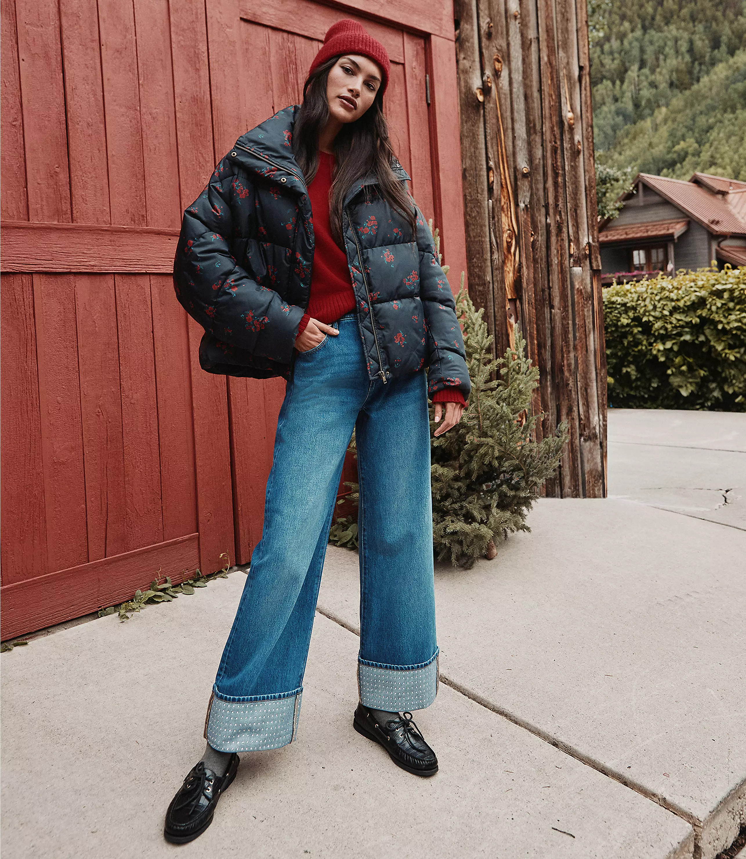 Embellished Cuffed High Rise Wide Leg Crop Jeans in Bright Mid Indigo Wash | LOFT