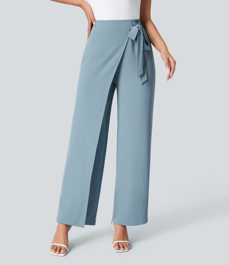 Women’s High Waisted Tie Side Invisible Zipper Wide Leg Work Pants - Halara | HALARA