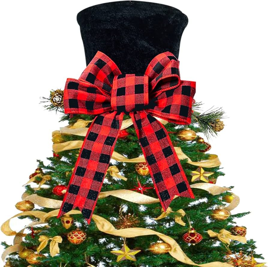 UMARDOO Christmas Tree Topper Hat, Red Plaid Bow Christmas Tree Topper, Black Velvet Hat for Chri... | Amazon (US)