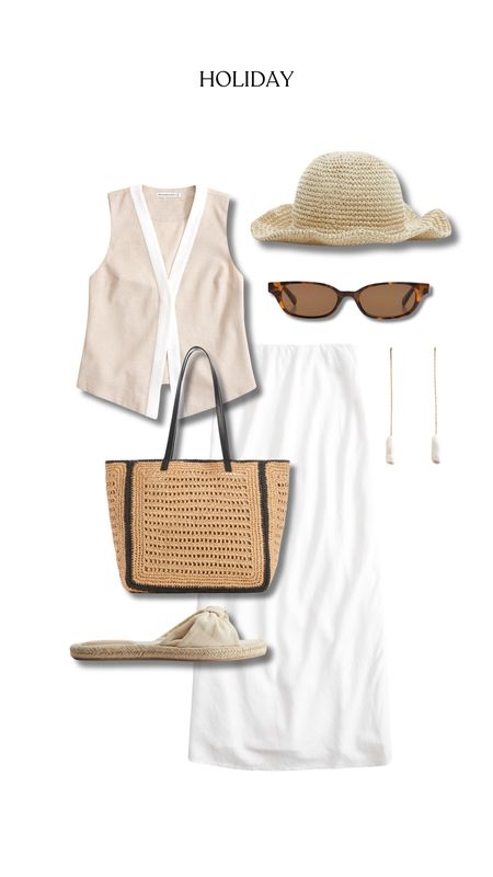 Holiday summer outfit  in maxi skirt white nice vest top hat and sandals with straw handbag 

#LTKbag #LTKshoes #LTKstyletip