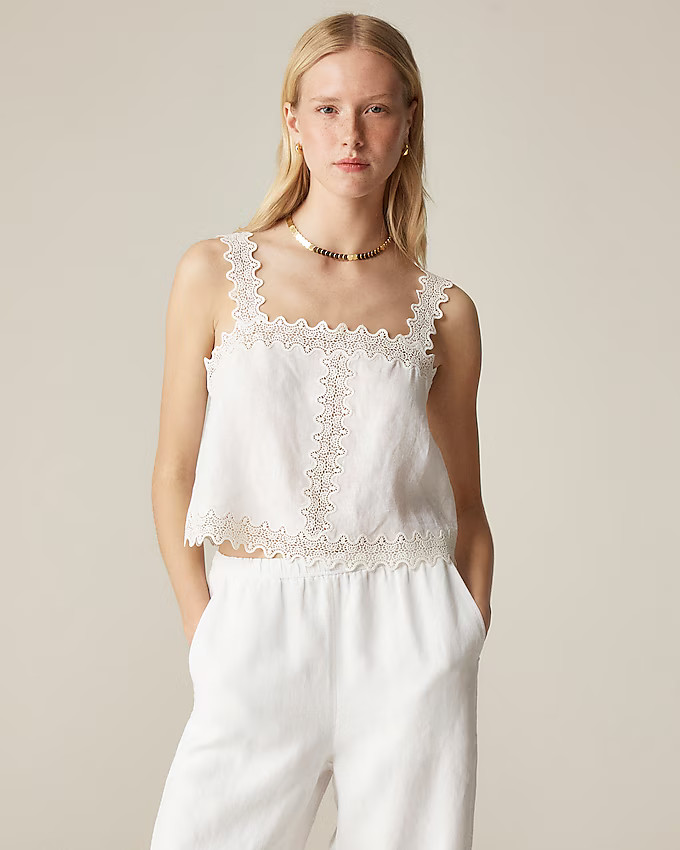 Lace-trim squareneck tank top in linen | J. Crew US
