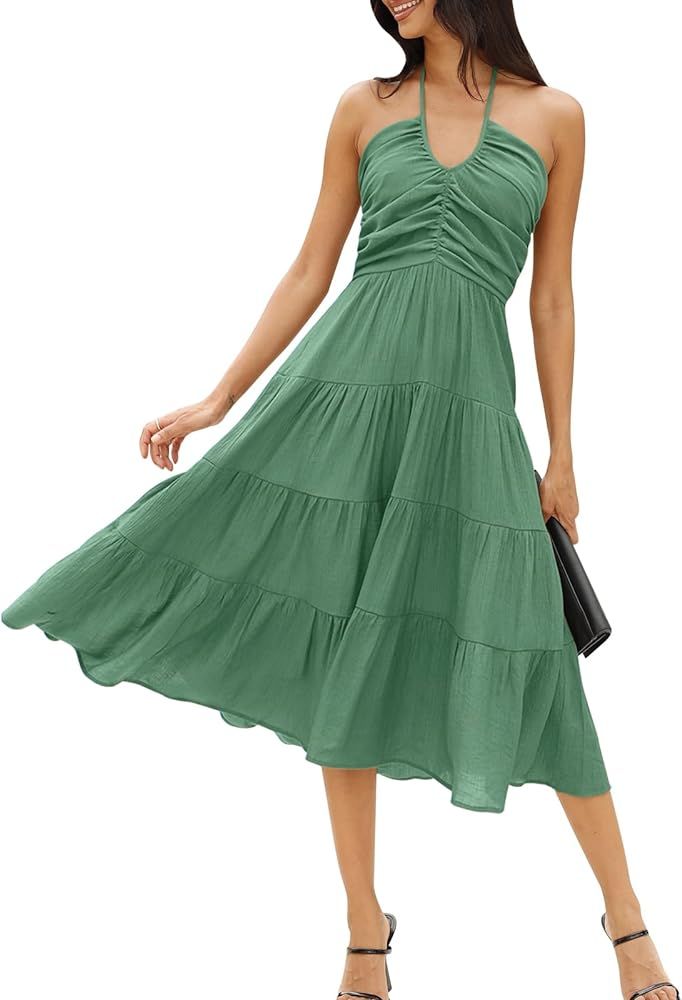 DEEP SELF Women's Summer Halter Smocked Midi Dress Sleevelesss V Neck Ruffle Tiered Swing Flowy A... | Amazon (US)