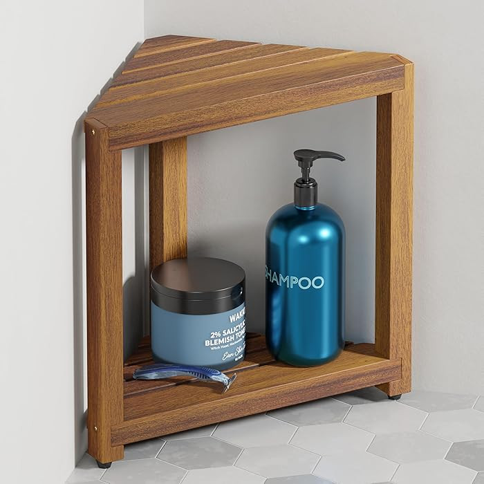 BLUEWEST 16.5" Acacia Wood Corner Shower Stool, Wooden Corner Shower Bench for Shaving Legs Insid... | Amazon (US)