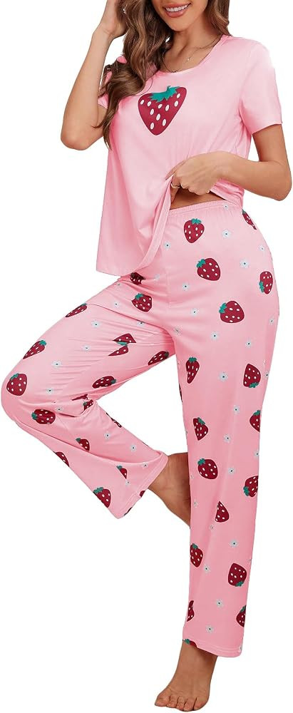 SweatyRocks Women's 2 Piece Pajama Sets Strawberry Fruit Print Short Sleeve Top and Pants Sleepwe... | Amazon (US)