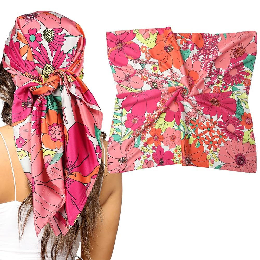 AWAYTR 35” Silk Scarf for Women Large Head Scarf Square Hair Scarf Satin Hair Bandana Printed S... | Amazon (US)