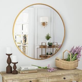 XRAMFY 36 in. W x 36 in. H Round Aluminum Alloy Framed Gold Wall Mirror RM36-GOLD - The Home Depo... | The Home Depot