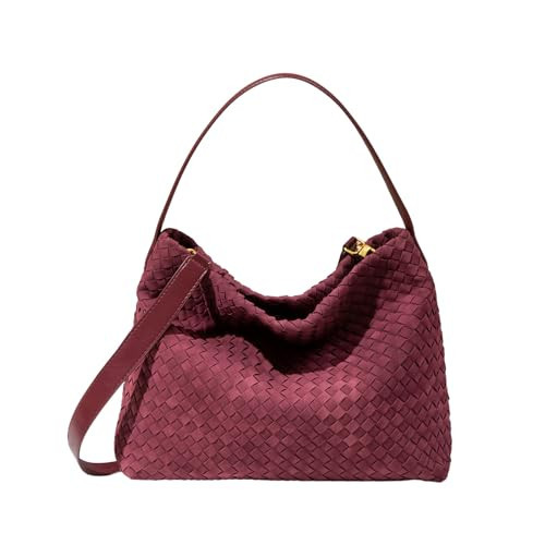 Women's Braided Leather Tote Bag Stylish Suede Hobo Shoulder Bag with Woven Details (Burgundy) | Amazon (US)