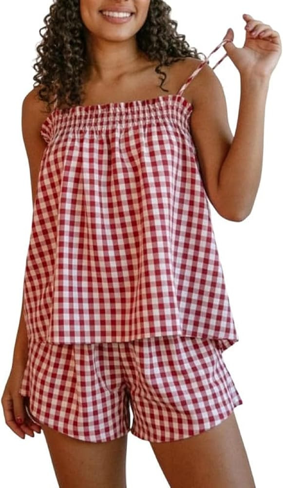 SOOKABEILA Women 2 Piece Lounge Set Sleeveless Striped Cami Peplum Top Boxer Shorts Loose Ruffle ... | Amazon (US)