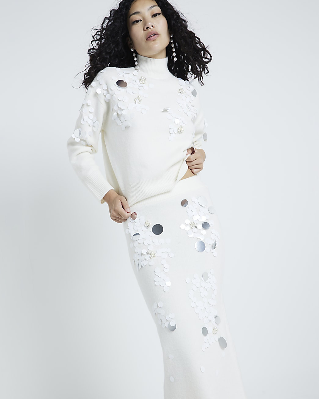 Cream Sequin Midi Skirt | River Island UK & IE