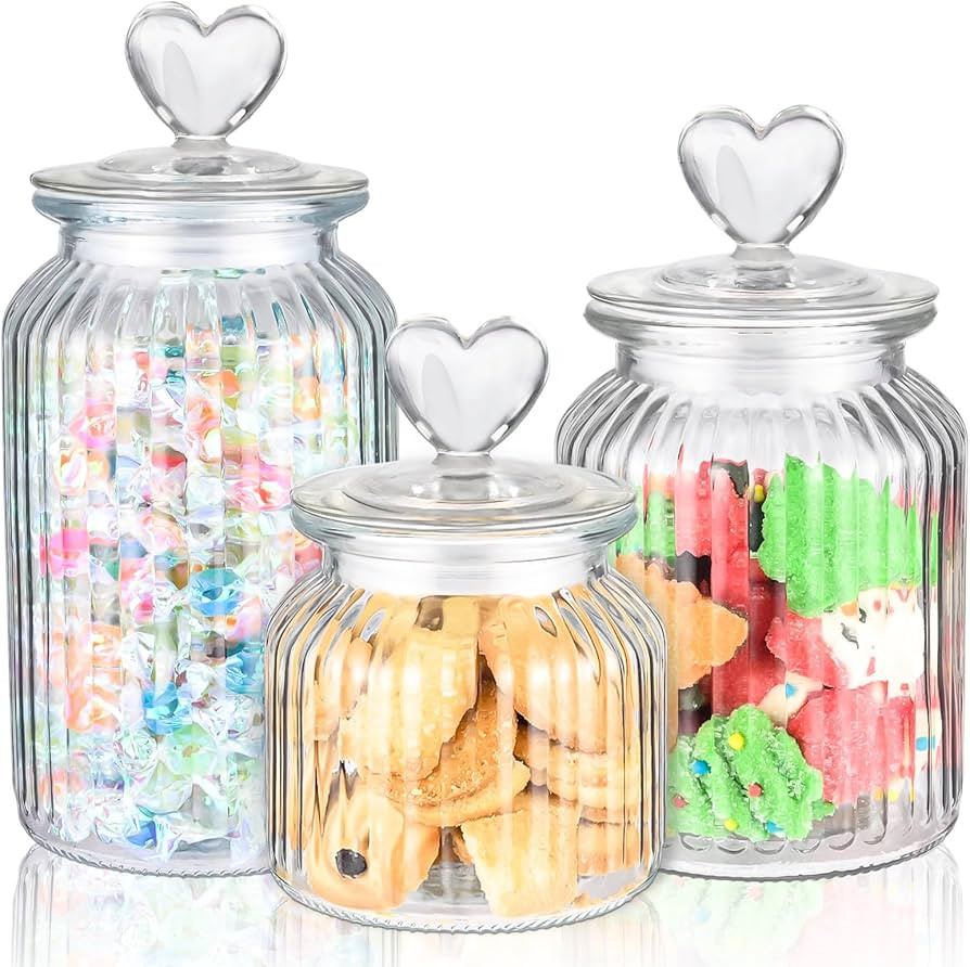 Heart Jars with Lids Set of 3 Clear Cute Heart Shaped Candy Jars 22 32 45 oz Food Storage Glass C... | Amazon (US)