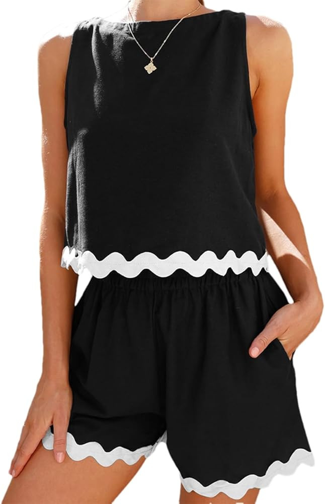 Women's Summer 2 Piece Outfits Lounge Set Sleeveless Lace Cropped Tank Tops High Waist Shorts Mac... | Amazon (US)
