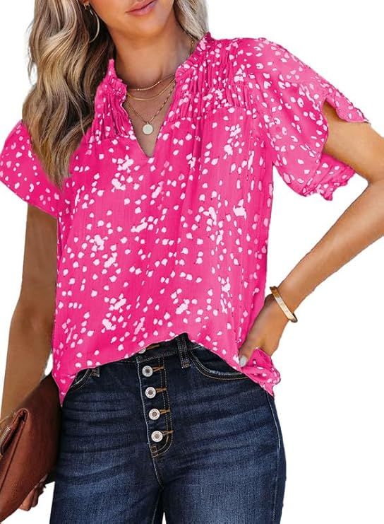 Dokotoo Women's Casual V Neck Alicia Floral Print Smocked Short Sleeve Chiffon Blouses Bohemian T... | Amazon (US)